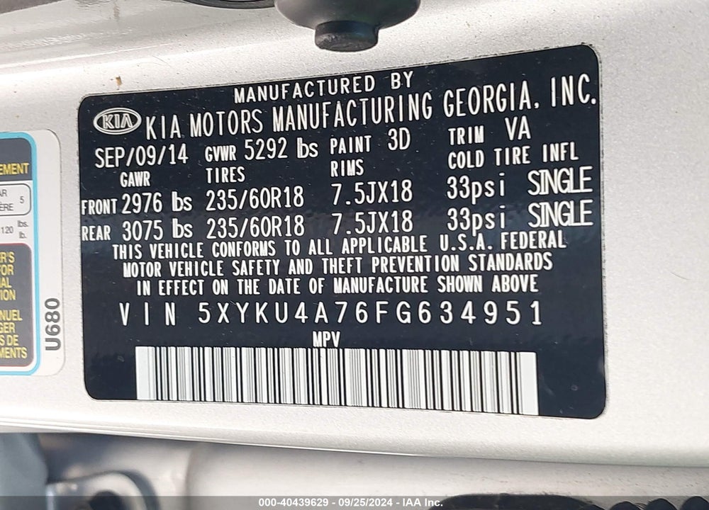 2015 KIA SORENTO EX V6 VIN: 5XYKU4A76FG634951