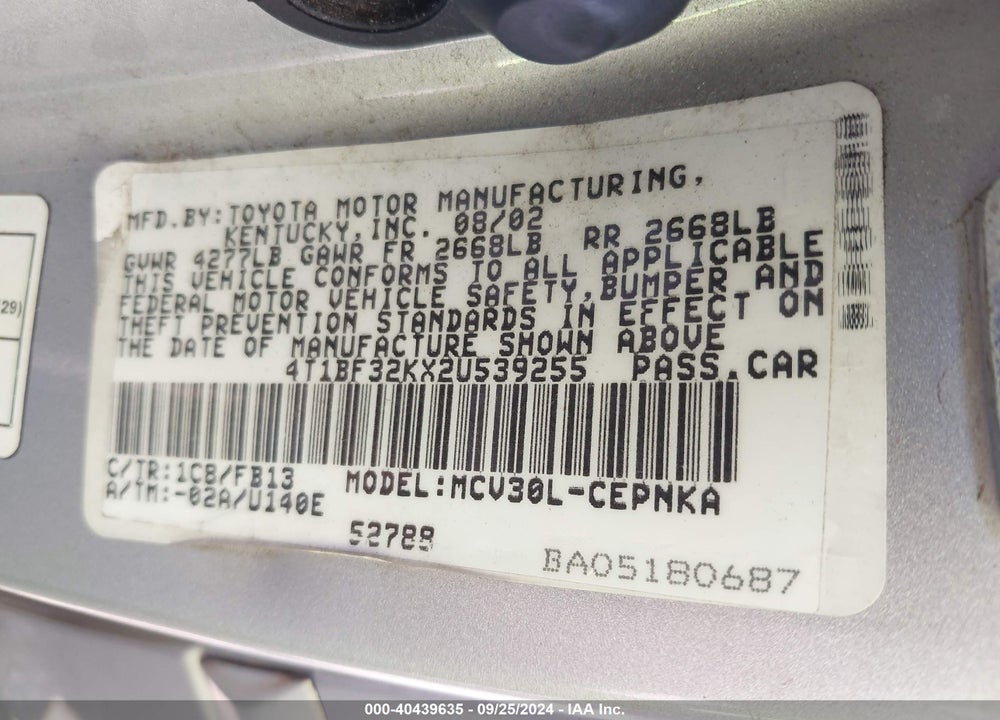 2002 TOYOTA CAMRY LE V6 VIN: 4T1BF32KX2U539255
