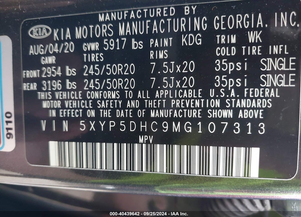 2021 KIA TELLURIDE SX VIN: 5XYP5DHC9MG107313