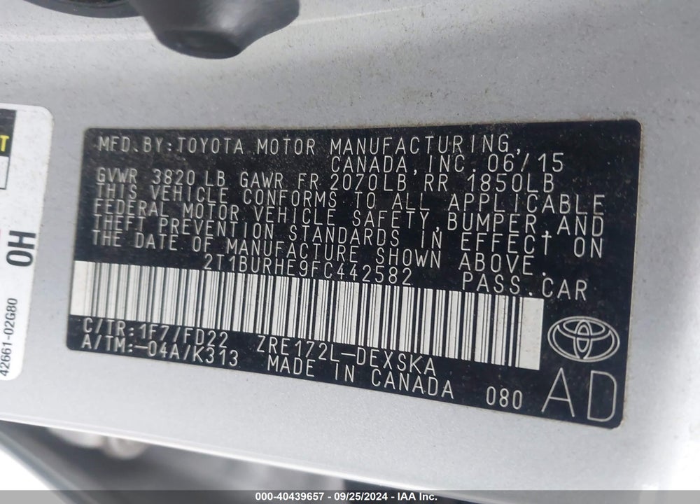 2015 TOYOTA COROLLA S PLUS VIN: 2T1BURHE9FC442582