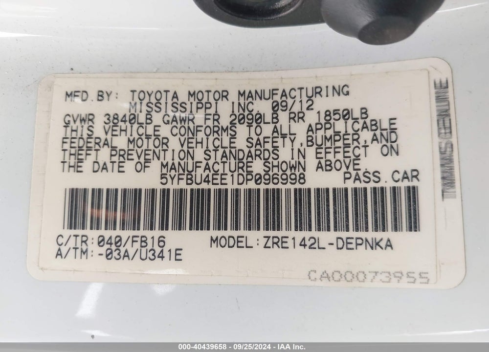 2013 TOYOTA COROLLA LE VIN: 5YFBU4EE1DP096998