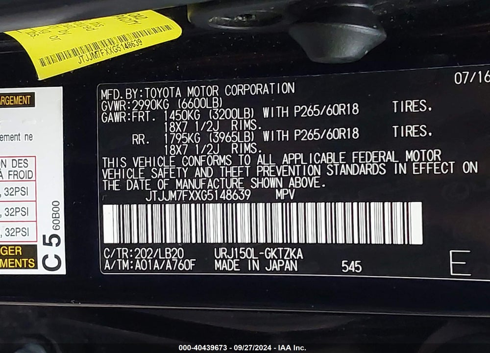 2016 LEXUS 460 LUXURY VIN: JTJJM7FXXG5148639