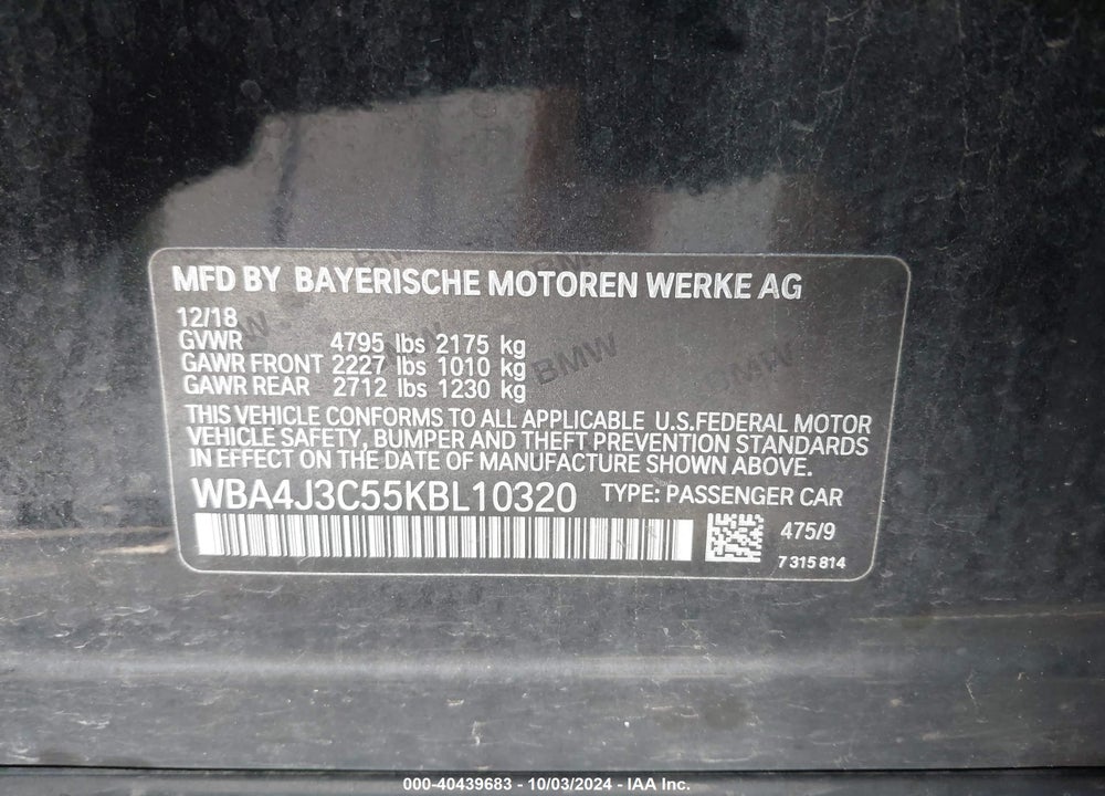 2019 BMW 430I GRAN COUPE XDRIVE VIN: WBA4J3C55KBL10320
