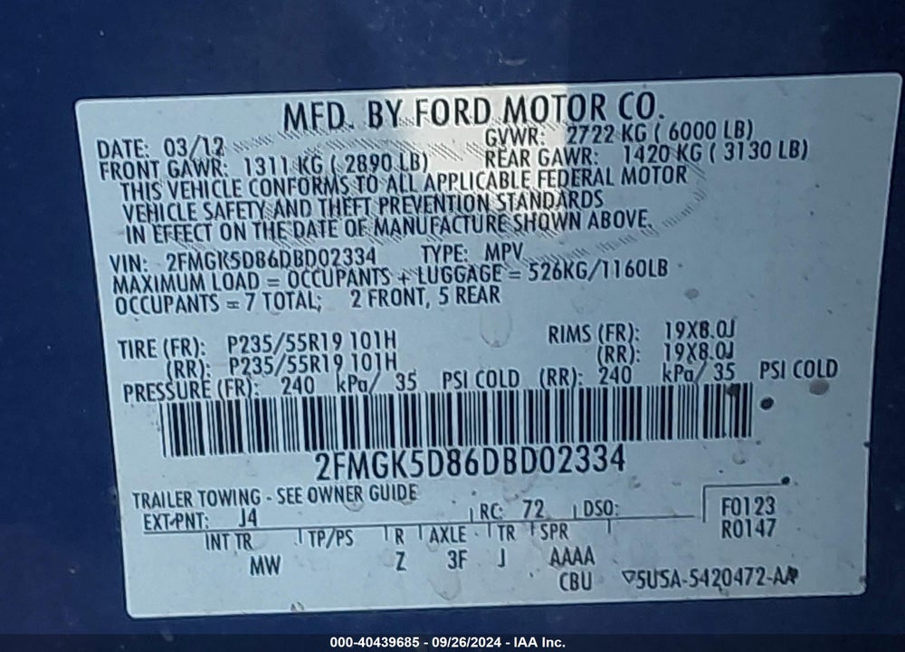 2013 FORD FLEX LIMITED VIN: 2FMGK5D86DBD02334