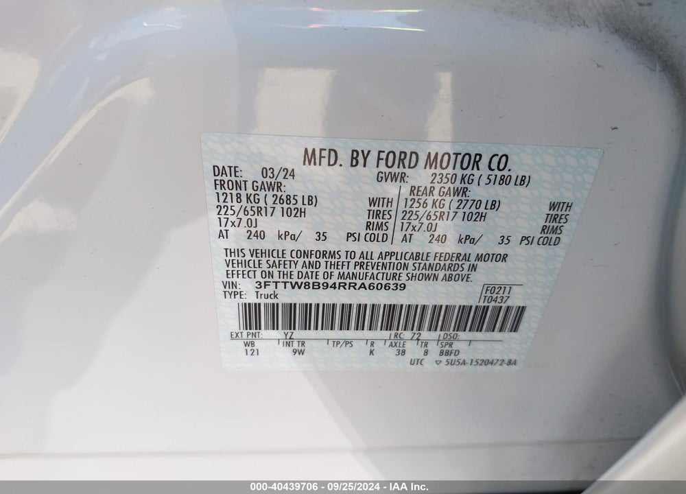 2024 FORD MAVERICK XL VIN: 3FTTW8B94RRA60639