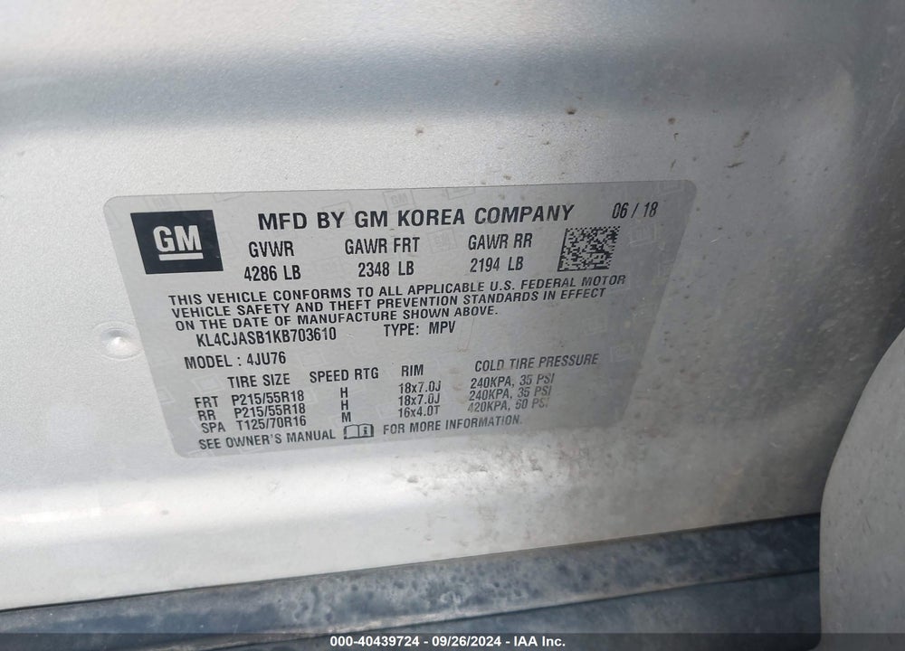2019 BUICK ENCORE FWD PREFERRED VIN: KL4CJASB1KB703610