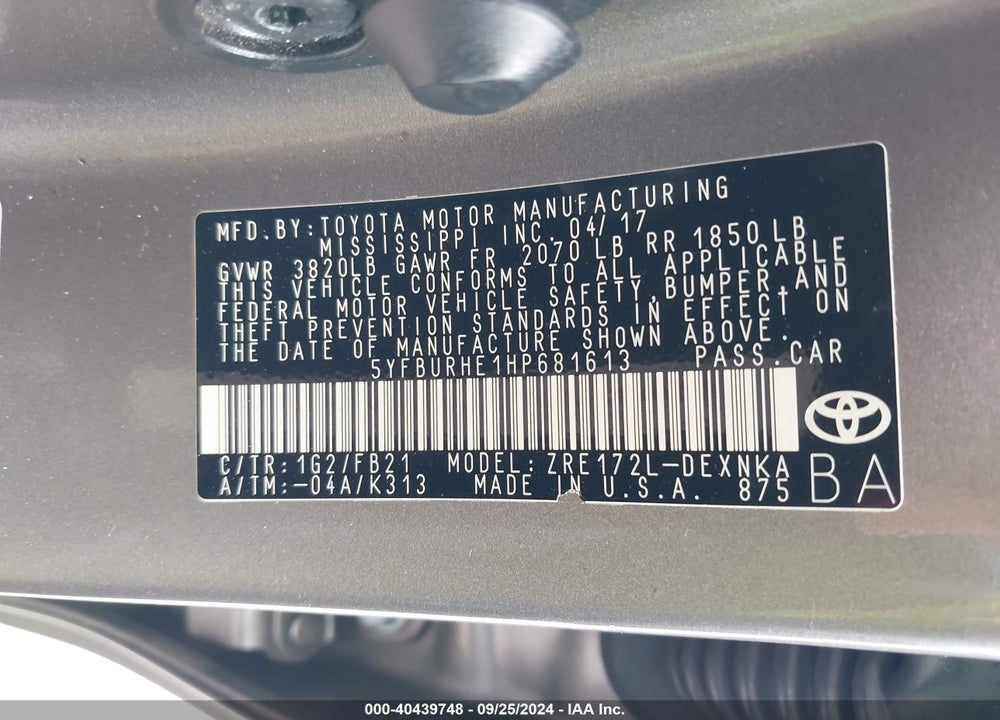 2017 TOYOTA COROLLA LE VIN: 5YFBURHE1HP681613