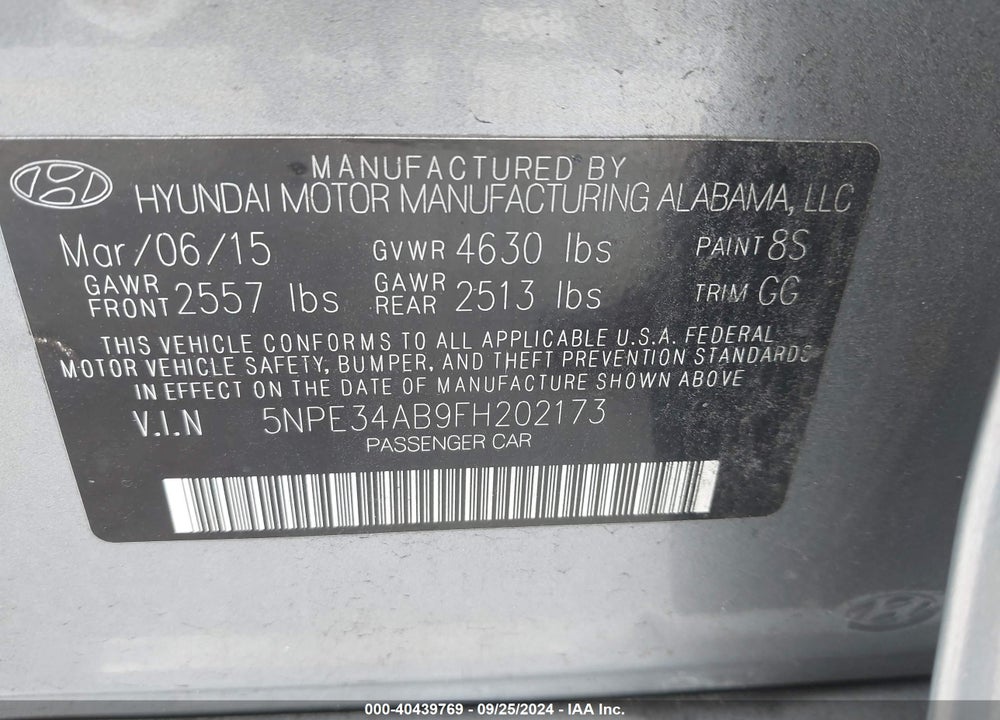 2015 HYUNDAI SONATA LIMITED 2.0T VIN: 5NPE34AB9FH202173