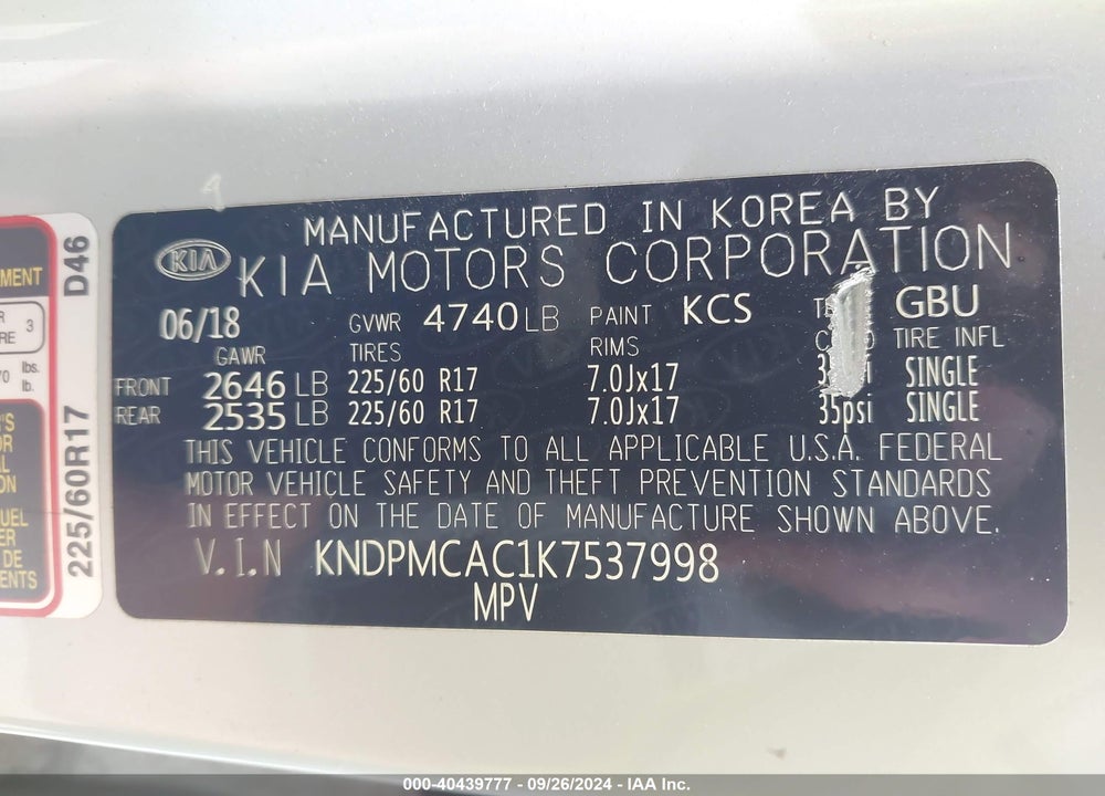 2019 KIA SPORTAGE LX VIN: KNDPMCAC1K7537998