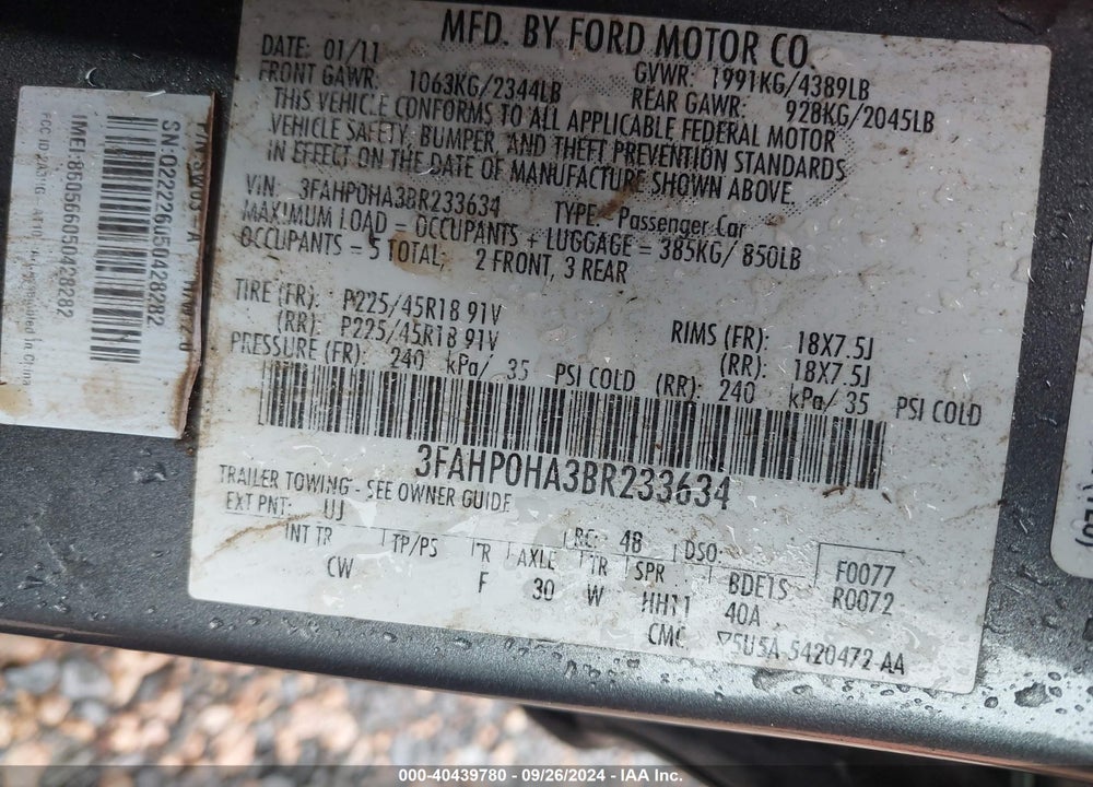 2011 FORD FUSION VIN: 3FAHP0HA3BR233634