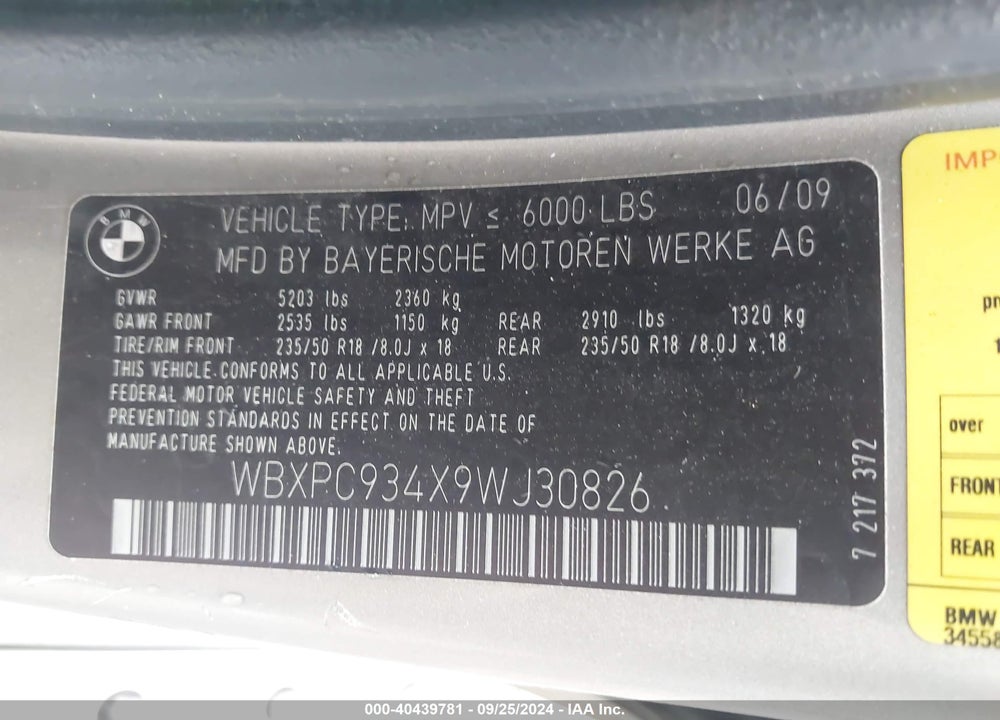 2009 BMW X3 XDRIVE30I VIN: WBXPC934X9WJ30826
