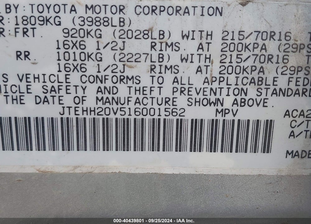 2001 TOYOTA RAV4 VIN: JTEHH20V516001562