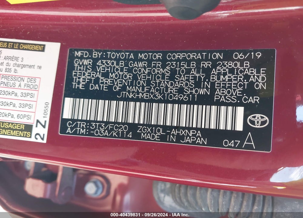 2019 TOYOTA C-HR VIN: JTNKHMBX3K1049611