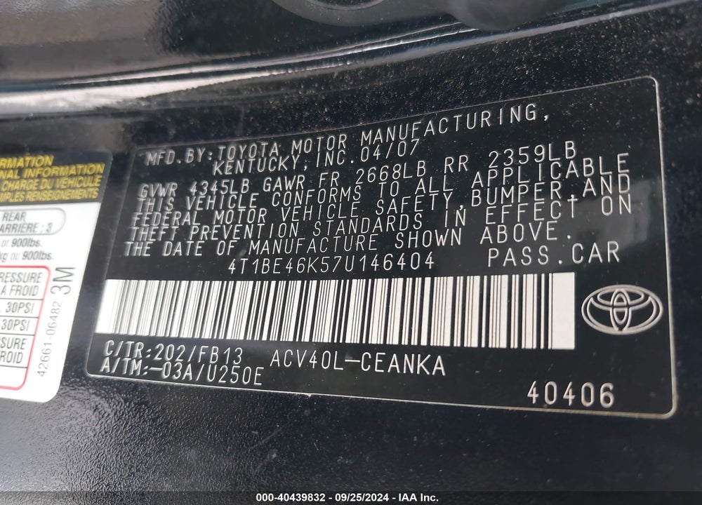 2007 TOYOTA CAMRY LE VIN: 4T1BE46K57U146404