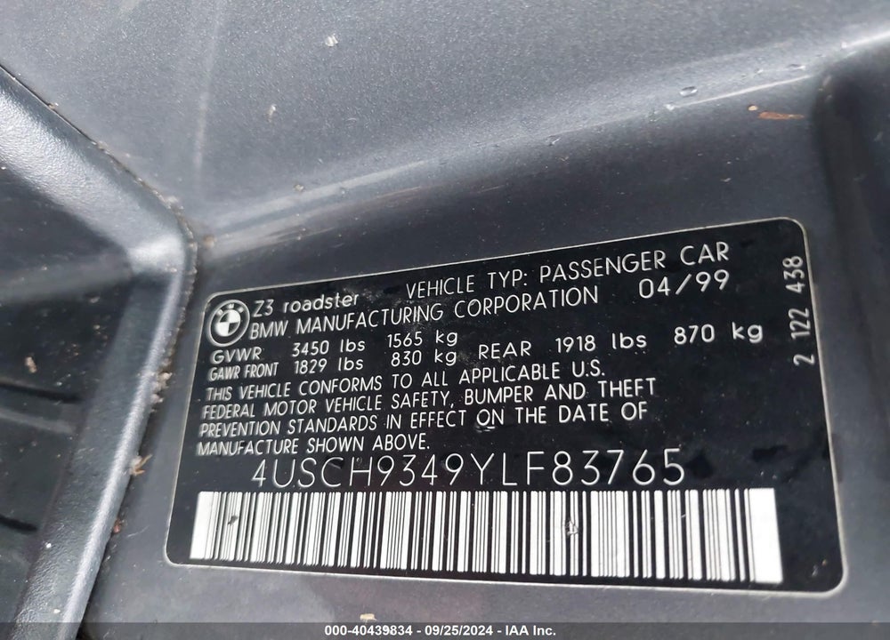 2000 BMW Z3 2.3 VIN: 4USCH9349YLF83765