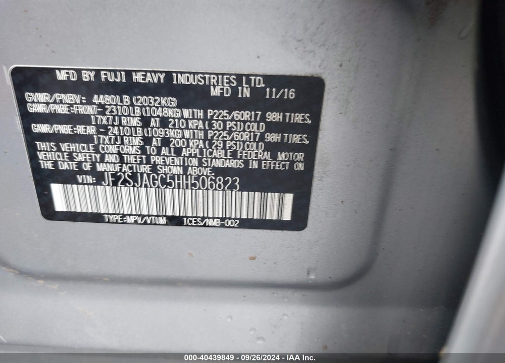 2017 SUBARU FORESTER 2.5I PREMIUM VIN: JF2SJAGC5HH506823