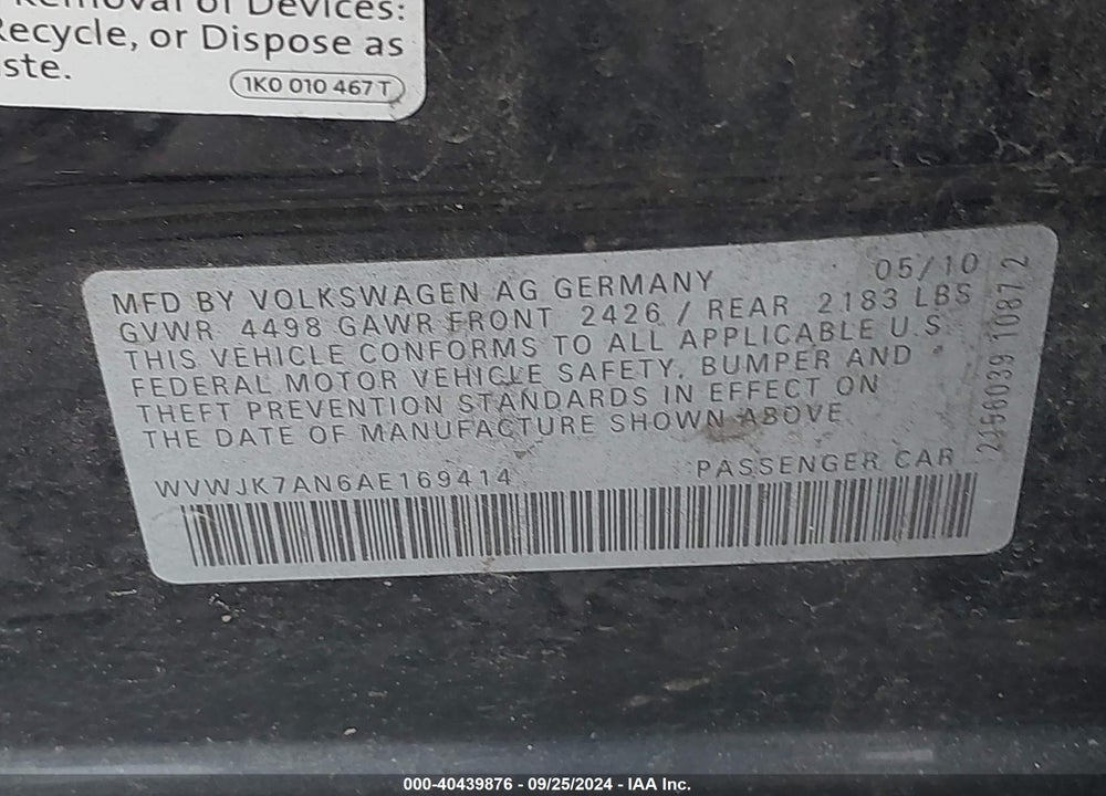 2010 VOLKSWAGEN PASSAT KOMFORT VIN: WVWJK7AN6AE169414