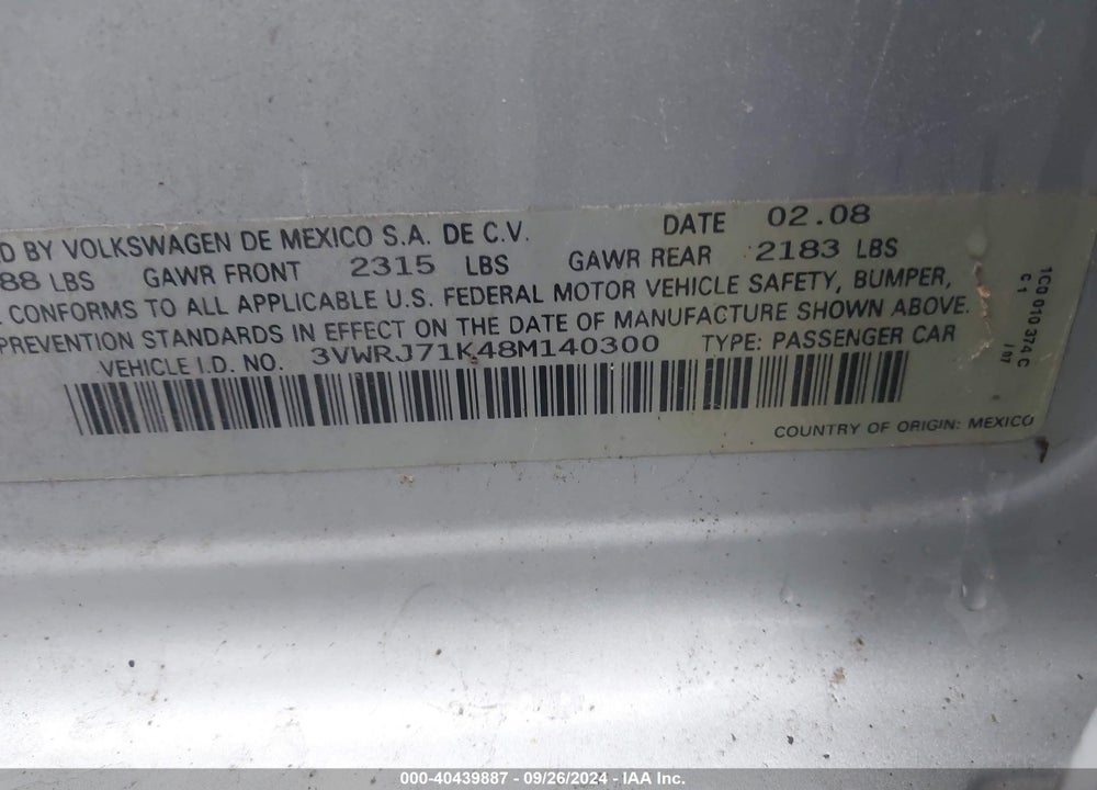 2008 VOLKSWAGEN JETTA WOLFSBURG EDITION VIN: 3VWRJ71K48M140300
