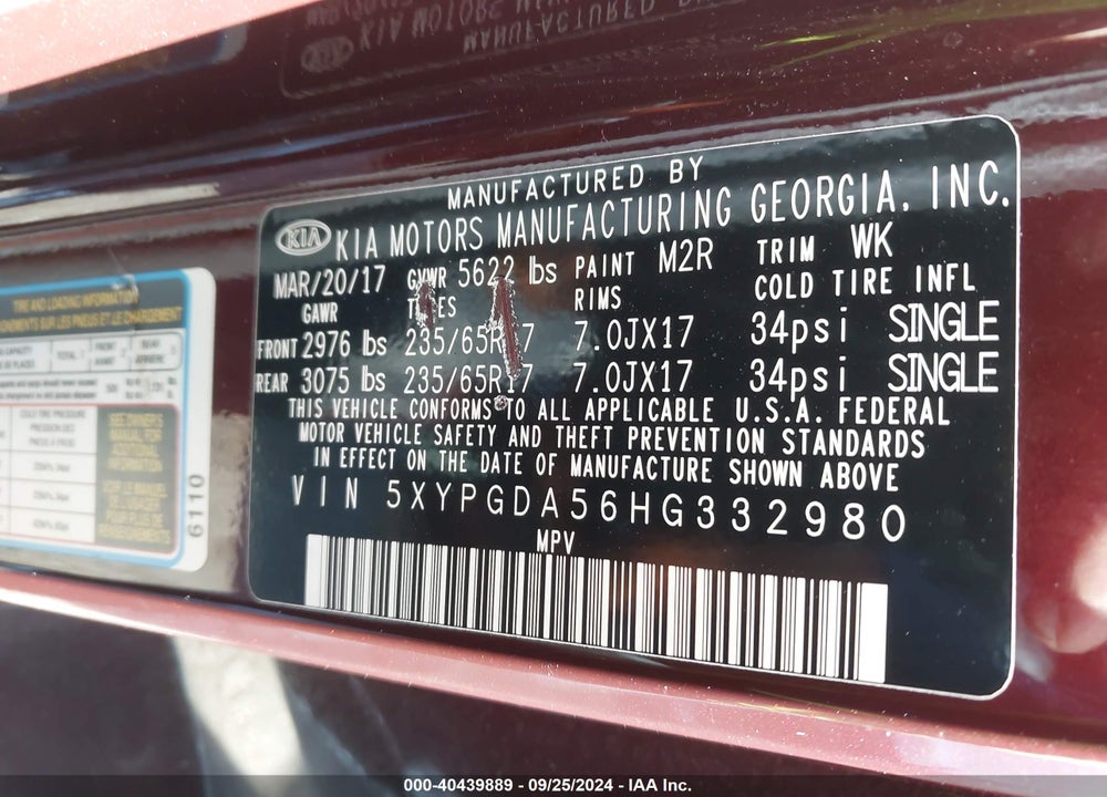 2017 KIA SORENTO 3.3L LX VIN: 5XYPGDA56HG332980