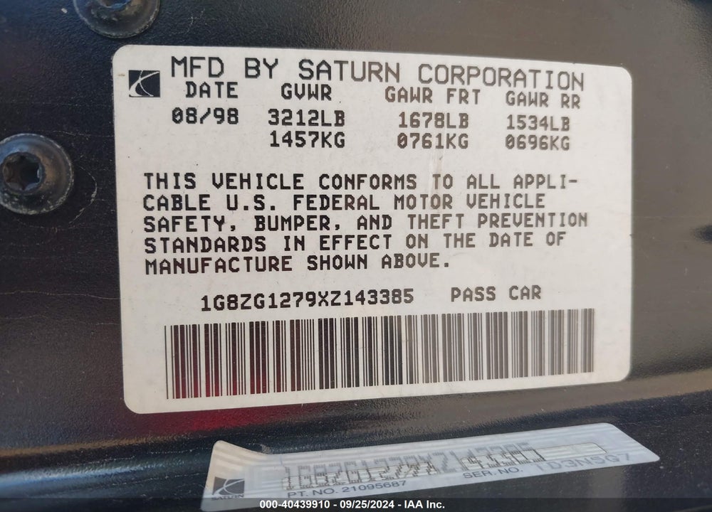 1999 SATURN SC2 VIN: 1G8ZG1279XZ143385