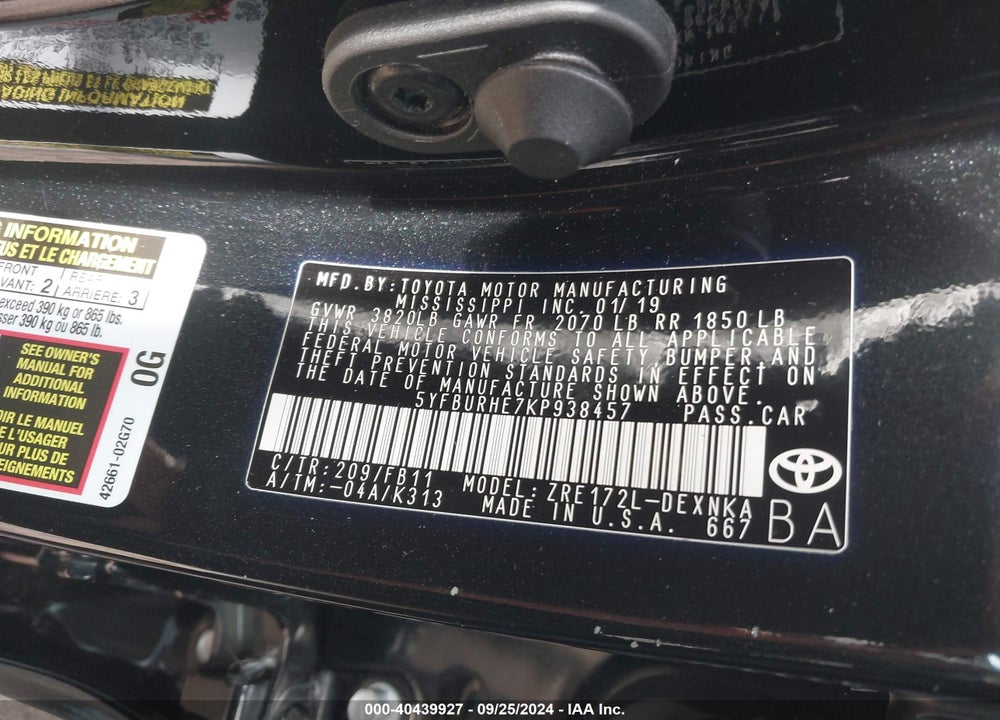 2019 TOYOTA COROLLA LE VIN: 5YFBURHE7KP938457