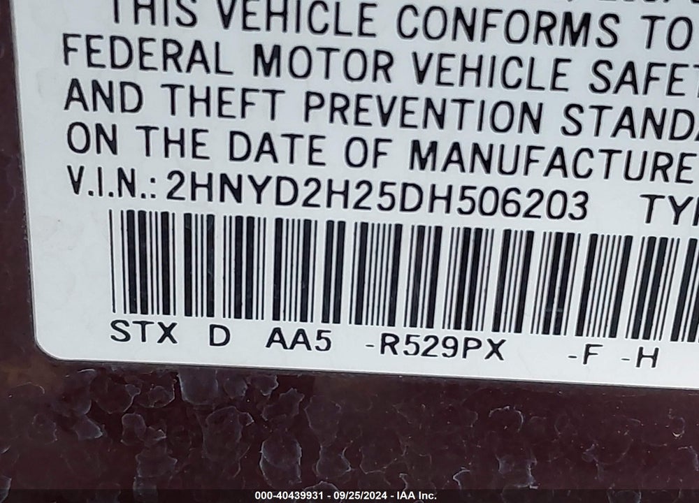 2013 ACURA MDX VIN: 2HNYD2H25DH506203