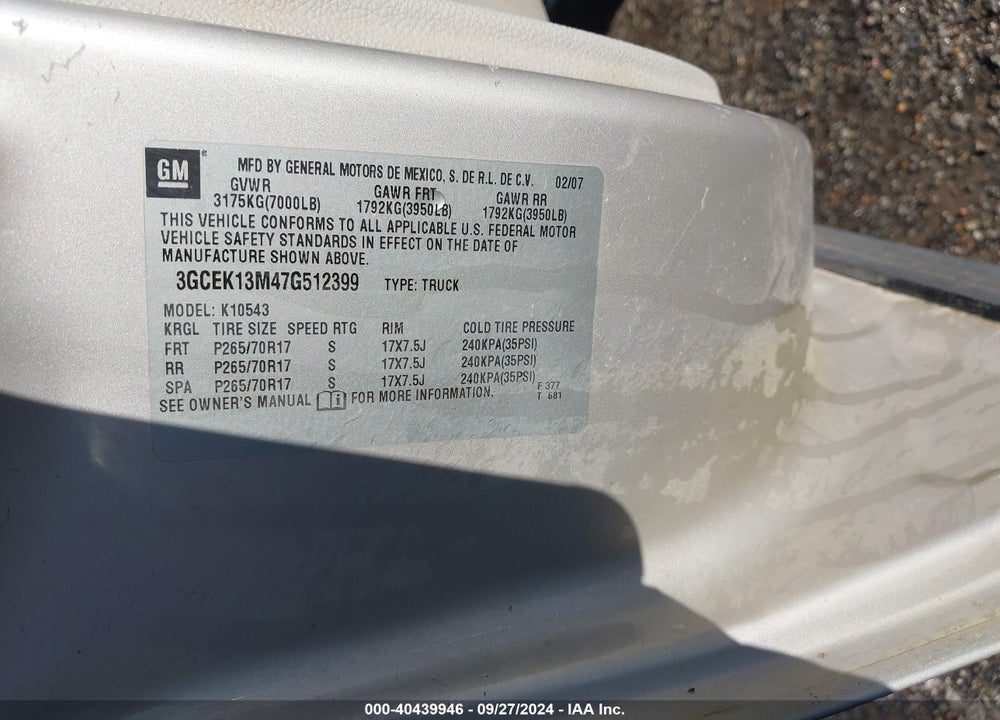 2007 CHEVROLET SILVERADO 1500 VIN: 3GCEK13M47G512399