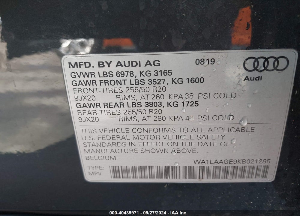 2019 AUDI E-TRON PREMIUM PLUS VIN: WA1LAAGE9KB021285