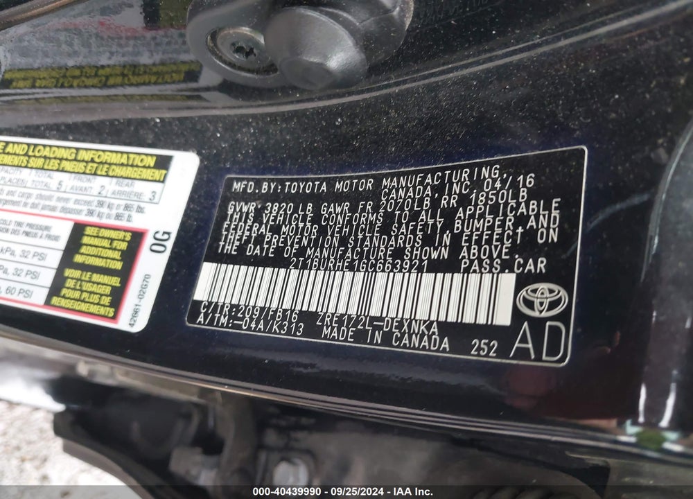 2016 TOYOTA COROLLA LE VIN: 2T1BURHE1GC663921