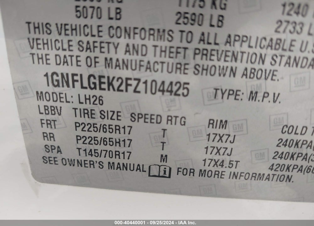 2015 CHEVROLET EQUINOX 2LT VIN: 1GNFLGEK2FZ104425