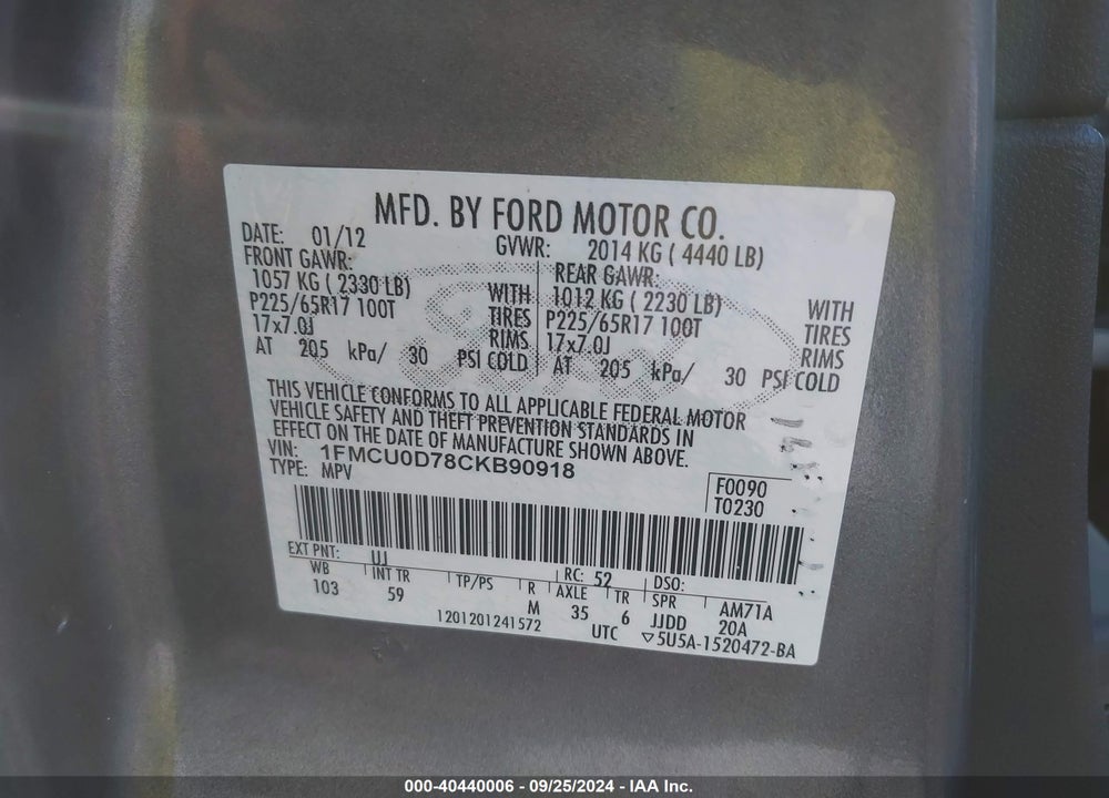2012 FORD ESCAPE XLT VIN: 1FMCU0D78CKB90918