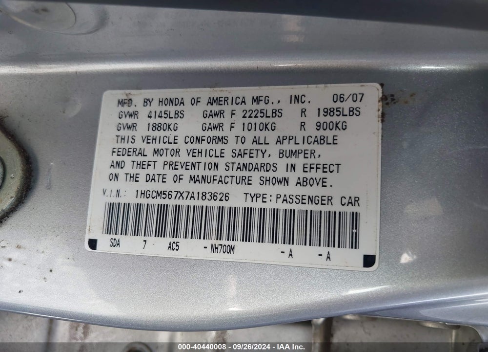 2007 HONDA ACCORD 2.4 EX VIN: 1HGCM567X7A183626
