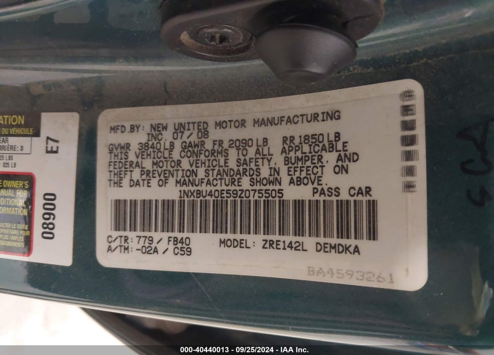 2009 TOYOTA COROLLA VIN: 1NXBU40E59Z075505