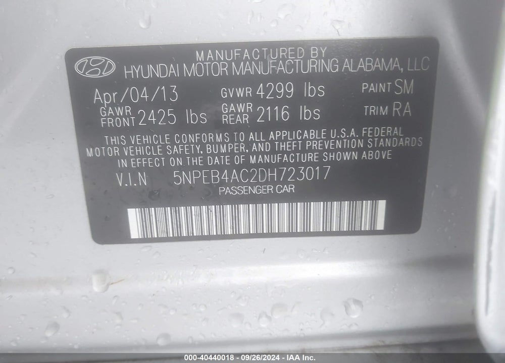 2013 HYUNDAI SONATA GLS VIN: 5NPEB4AC2DH723017