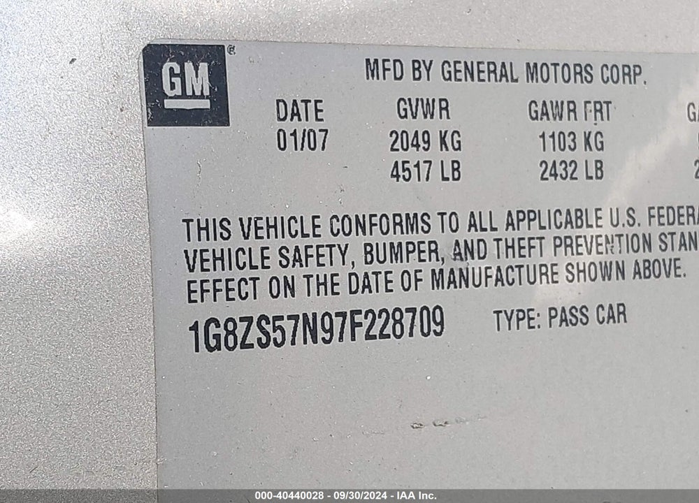 2007 SATURN AURA XE VIN: 1G8ZS57N97F228709