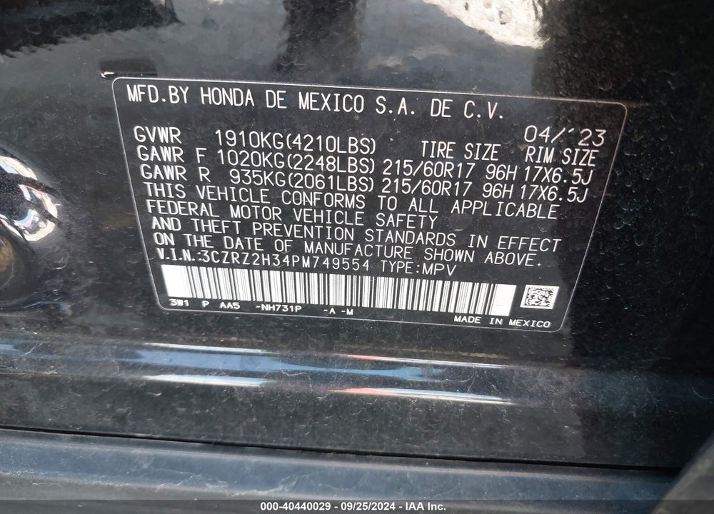 2023 HONDA HR-V AWD LX VIN: 3CZRZ2H34PM749554