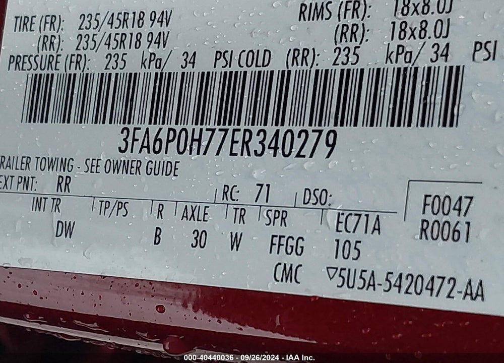 2014 FORD FUSION SE VIN: 3FA6P0H77ER340279