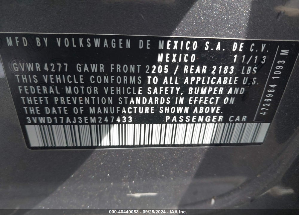 2014 VOLKSWAGEN JETTA 1.8T SE VIN: 3VWD17AJ3EM247433