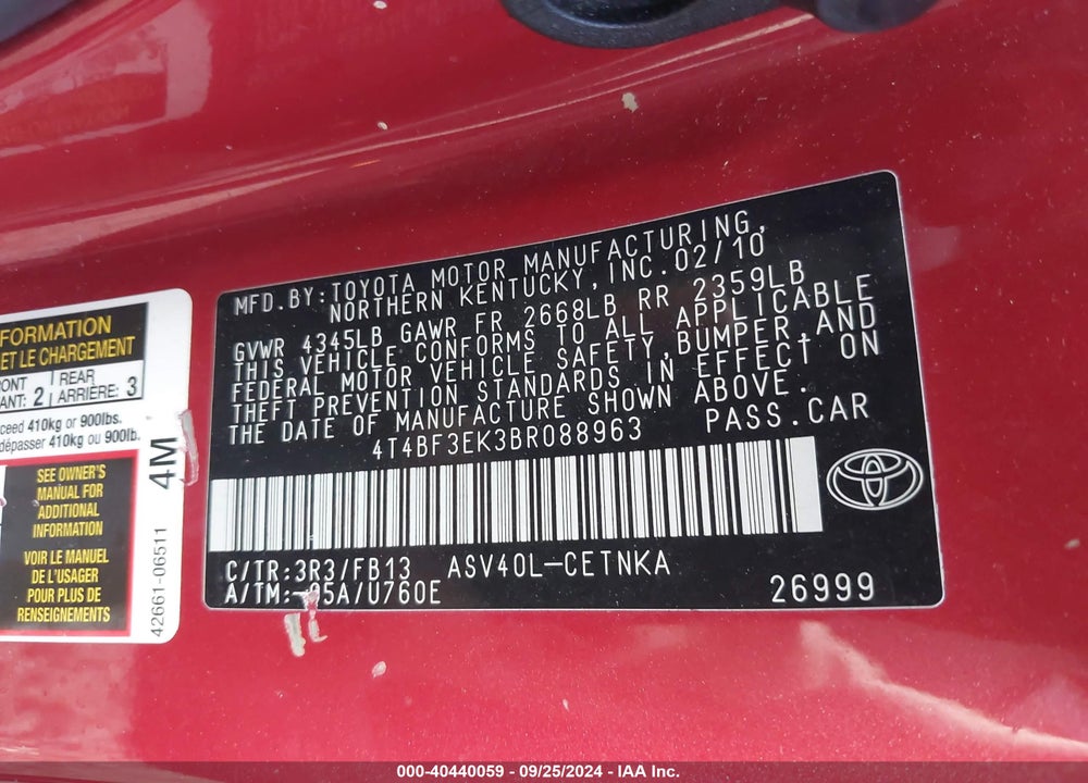 2011 TOYOTA CAMRY LE VIN: 4T4BF3EK3BR088963