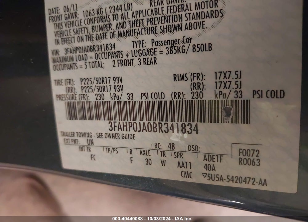 2011 FORD FUSION SEL VIN: 3FAHP0JA0BR341834