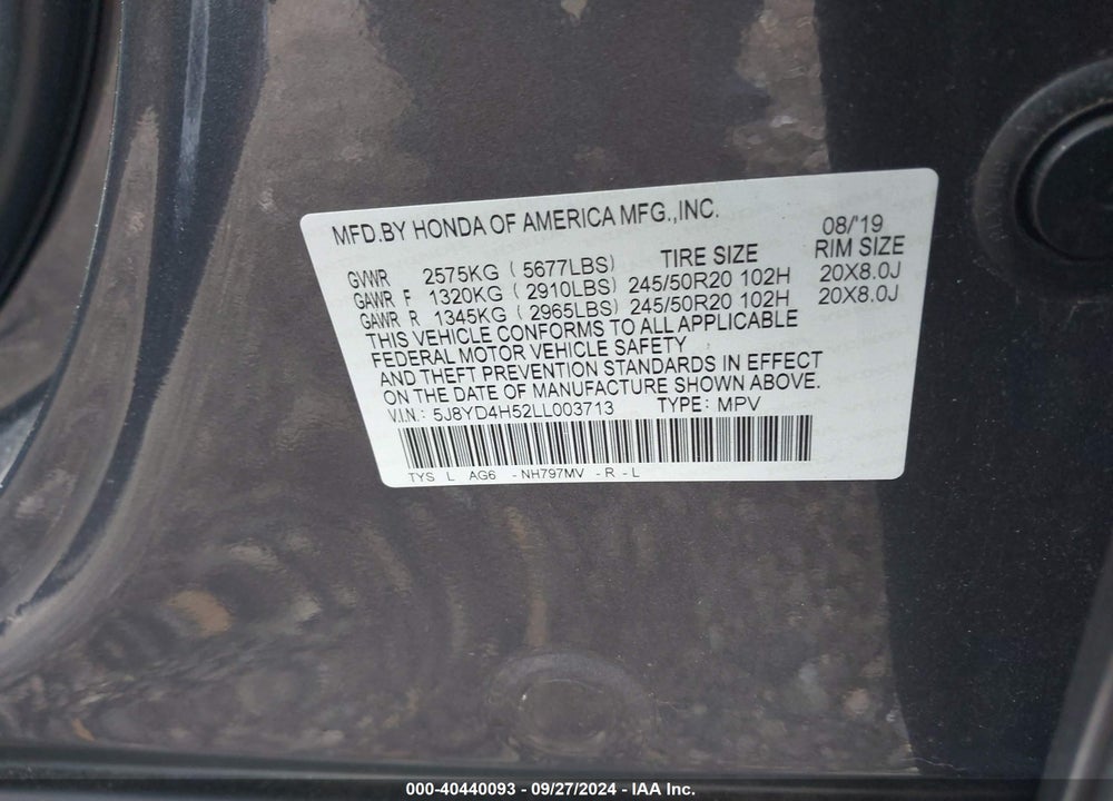 2020 ACURA MDX TECHNOLOGY VIN: 5J8YD4H52LL003713