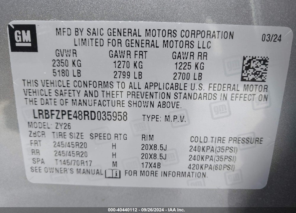 2024 BUICK ENVISION SPORT TOURING AWD VIN: LRBFZPE48RD035958