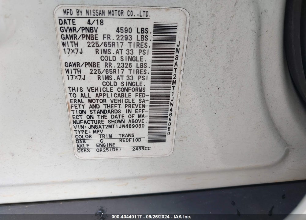 2018 NISSAN ROGUE SV VIN: JN8AT2MT1JW469080