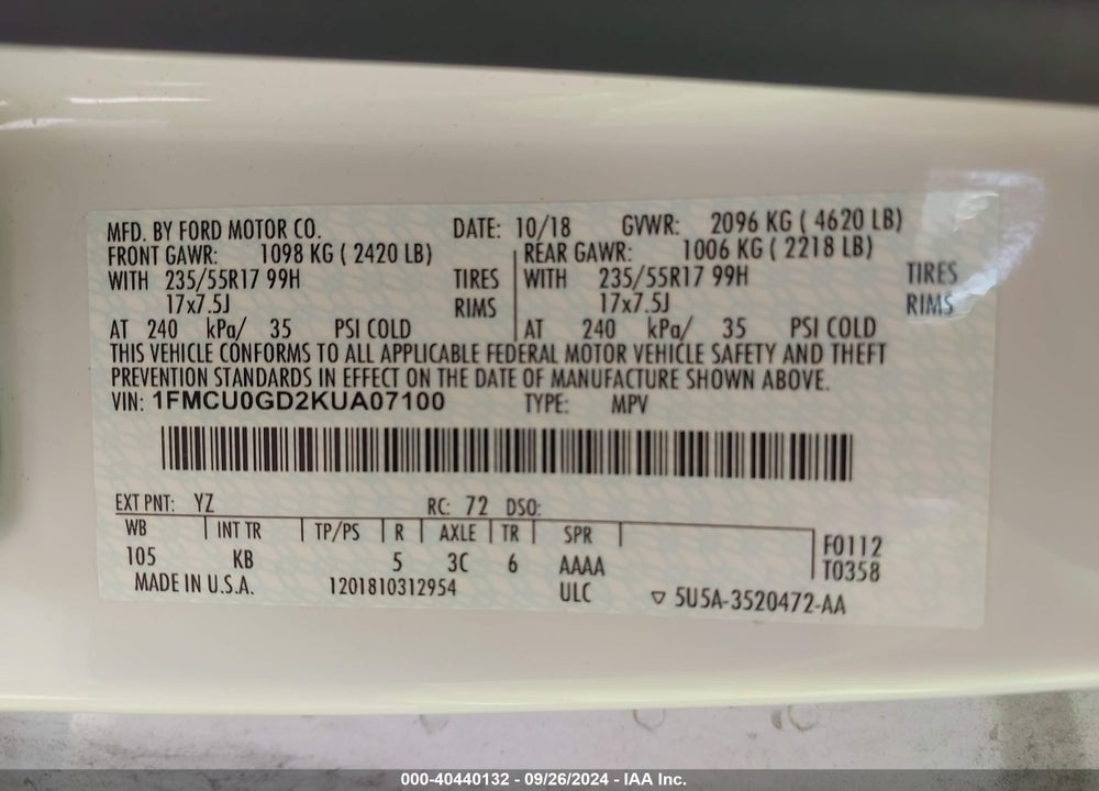 2019 FORD ESCAPE SE VIN: 1FMCU0GD2KUA07100
