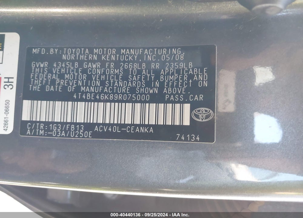 2009 TOYOTA CAMRY LE VIN: 4T4BE46K89R075000
