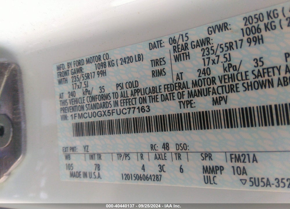 2015 FORD ESCAPE SE VIN: 1FMCU0GX5FUC77163