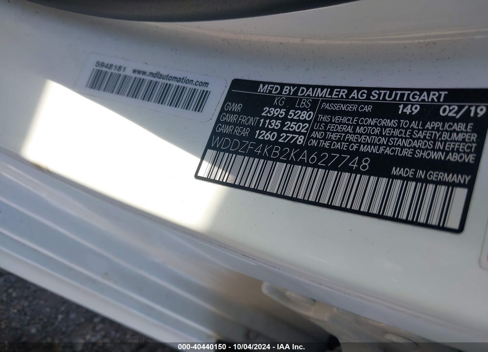 2019 MERCEDES-BENZ E 300 4MATIC VIN: WDDZF4KB2KA627748