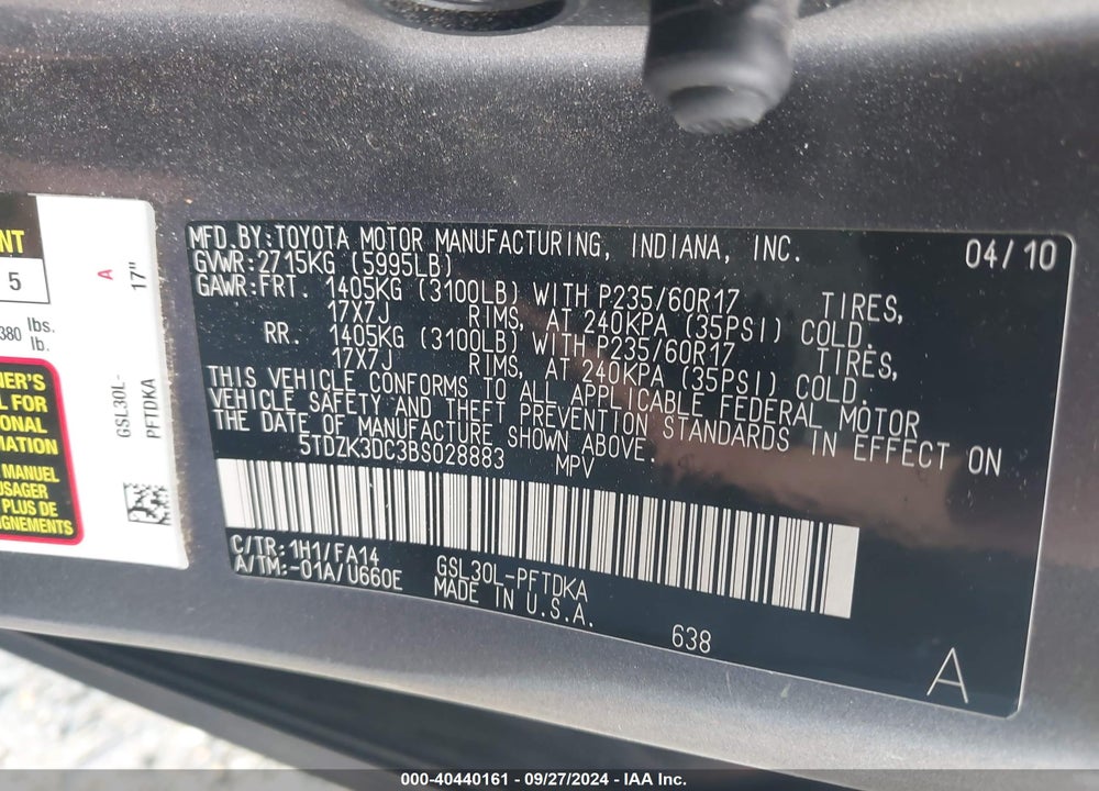 2011 TOYOTA SIENNA BASE V6 VIN: 5TDZK3DC3BS028883