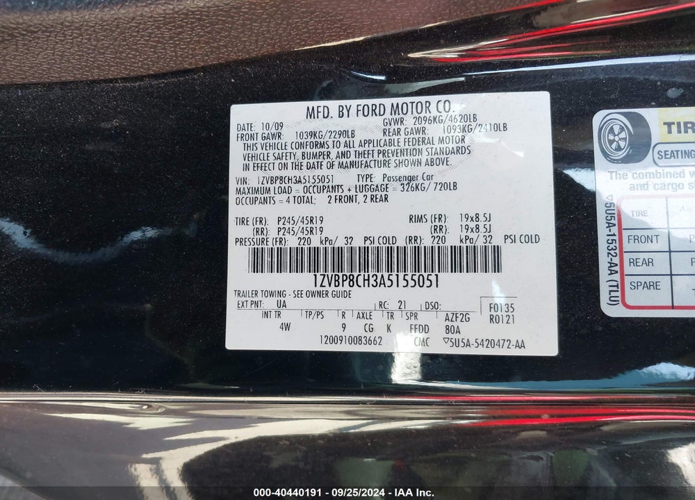2010 FORD MUSTANG GT/GT PREMIUM VIN: 1ZVBP8CH3A5155051