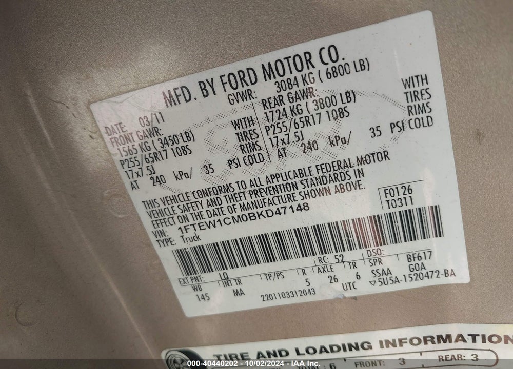 2011 FORD F-150 XLT VIN: 1FTEW1CM0BKD47148